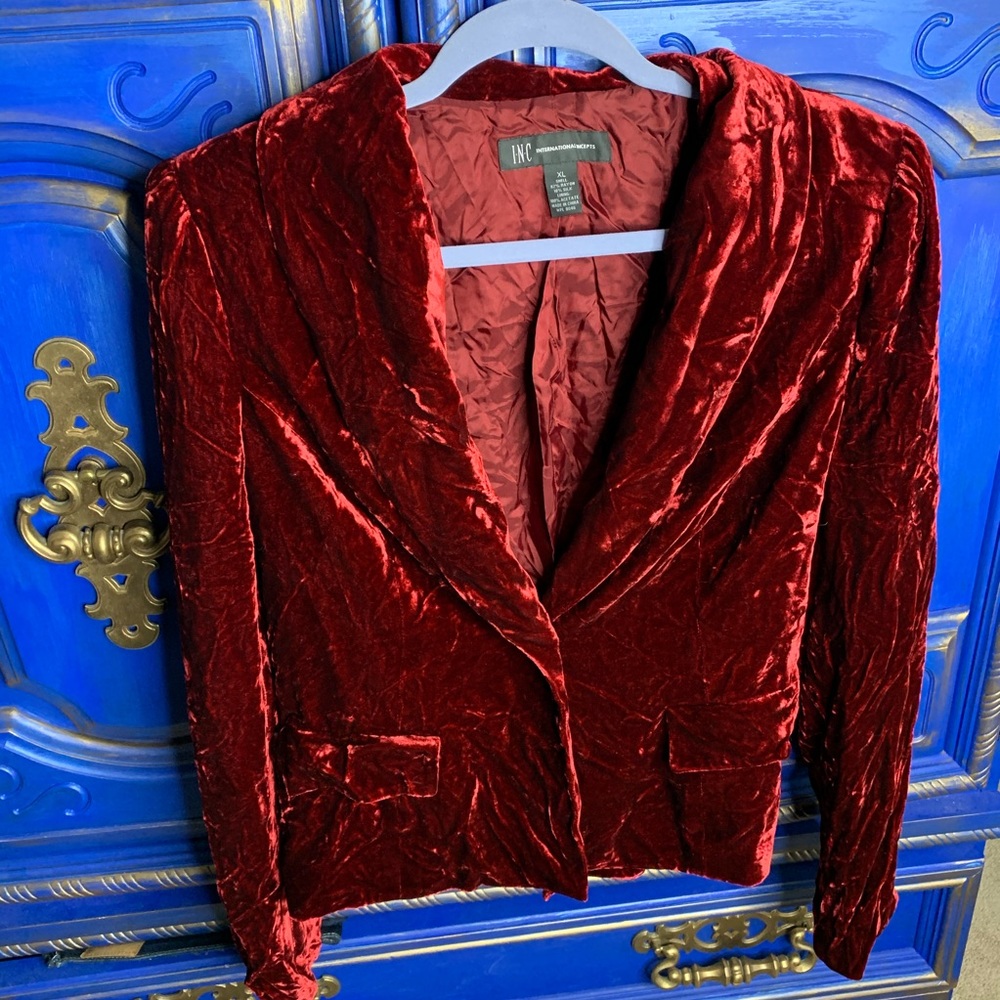 INC Burgundy Velvet Jacket Coat Silk Blend XL - Picture 1 of 4